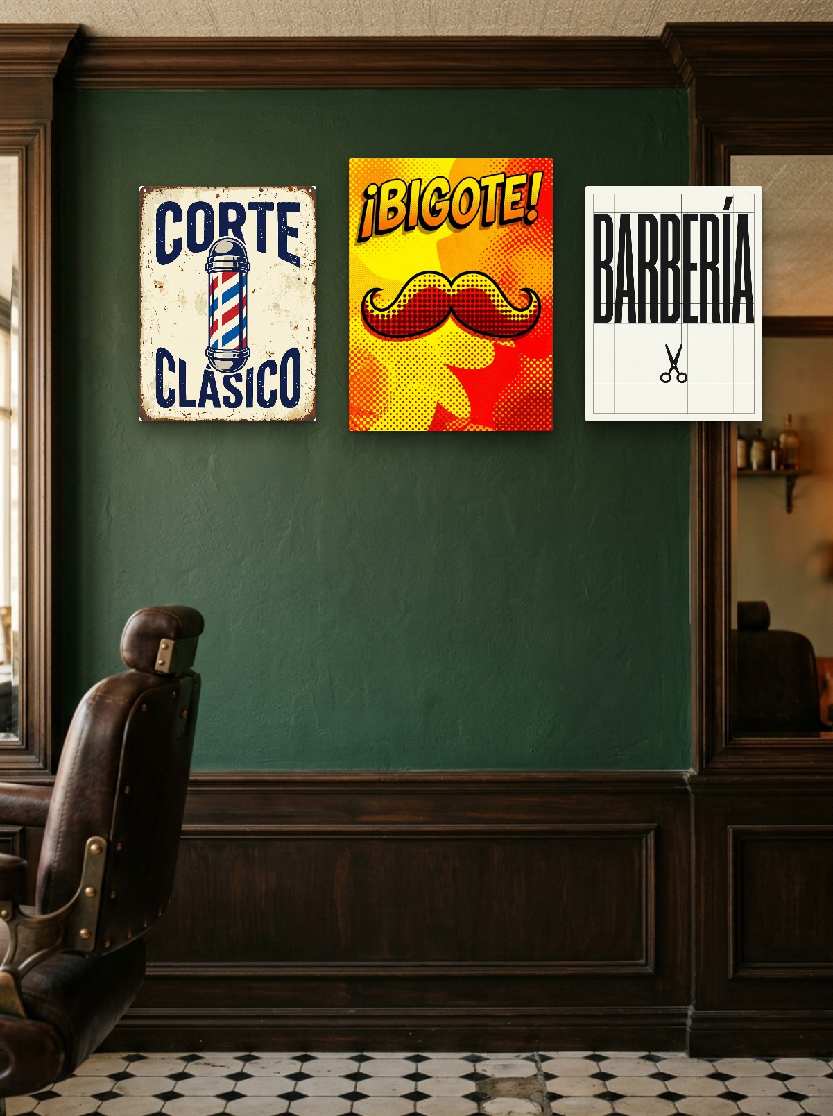 Pared de una barbería decorada con cuadros del pack